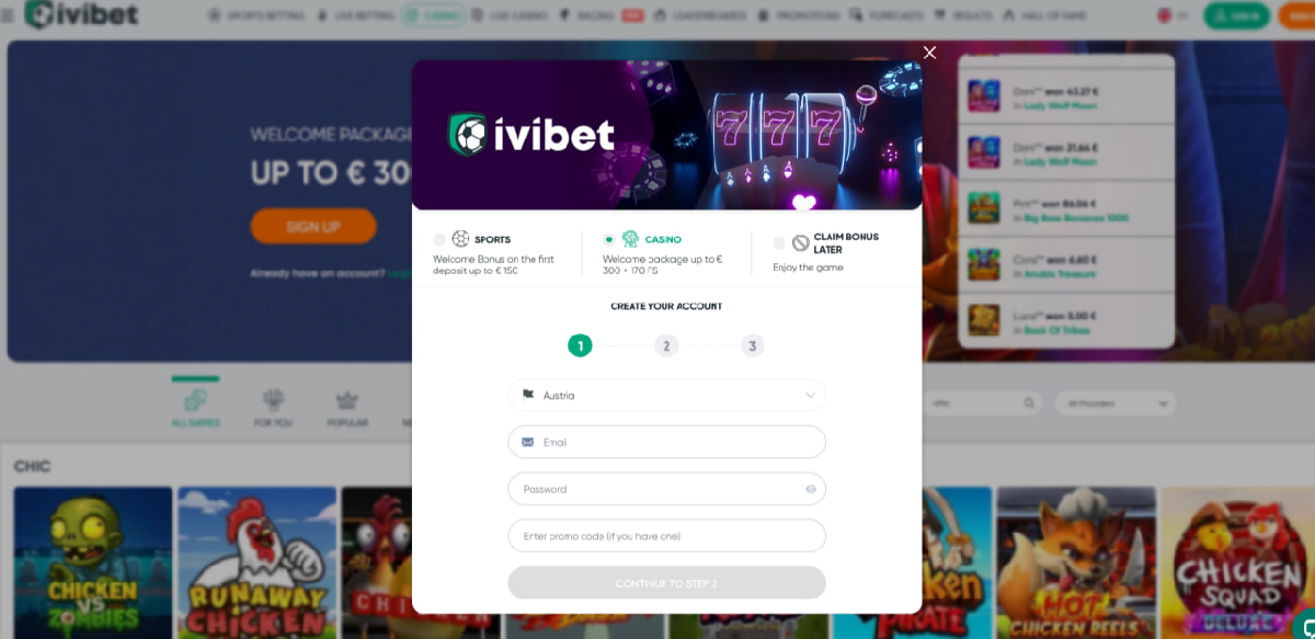 Formulário de registro no Ivibet para jogar Chicken Road