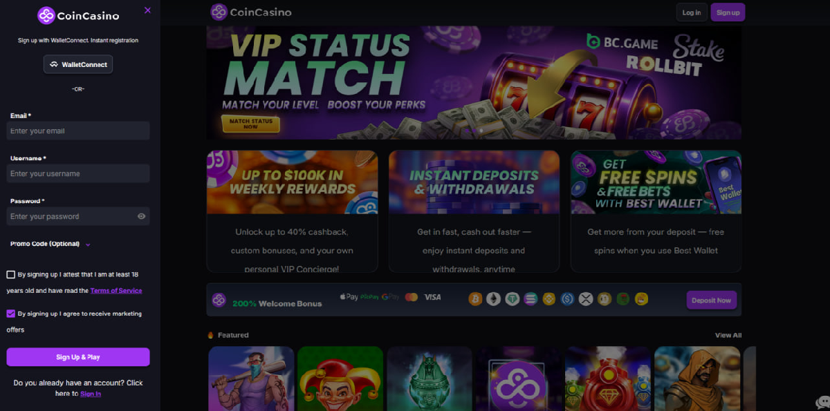 Registro no CoinCasino via e-mail ou WalletConnect para jogar Chicken Road