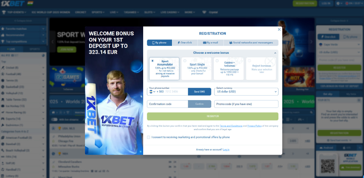 Tela de registro no 1xBet com opção para jogar Chicken Road e inserir código promocional