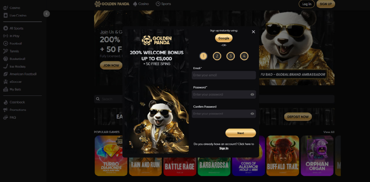 Como se registrar no Golden Panda – tela de cadastro com e-mail, senha e botão Next