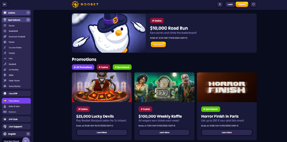 Interface de depósito no Roobet exibindo opções de pagamento em Bitcoin, Ethereum e USDT