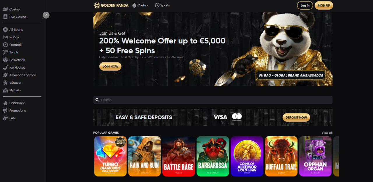 Panorama do Golden Panda Casino – interface da lobby com menu lateral e banner de boas-vindas